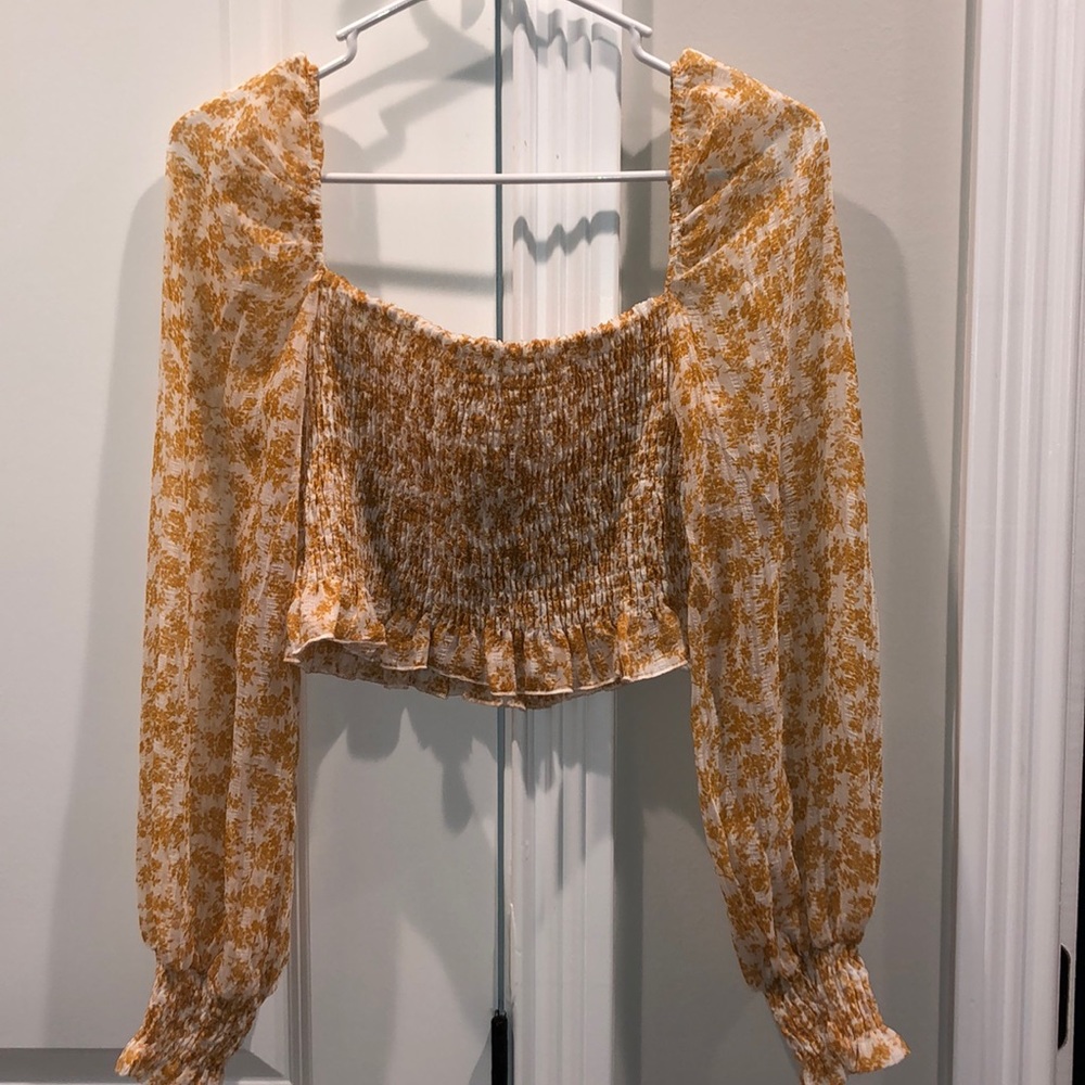 Shein mustard, floral smocked, crop blouse